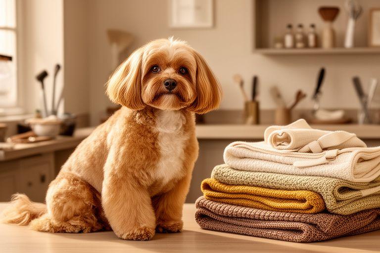 Groomed dog with a glossy coat next to folded textile accessories in a boutique salon