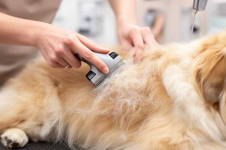 Close-up of a groomer gently removing loose undercoat from a fluffy dog