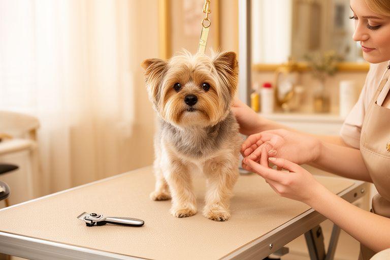 Small dog standing on a grooming table while a groomer inspects its nails