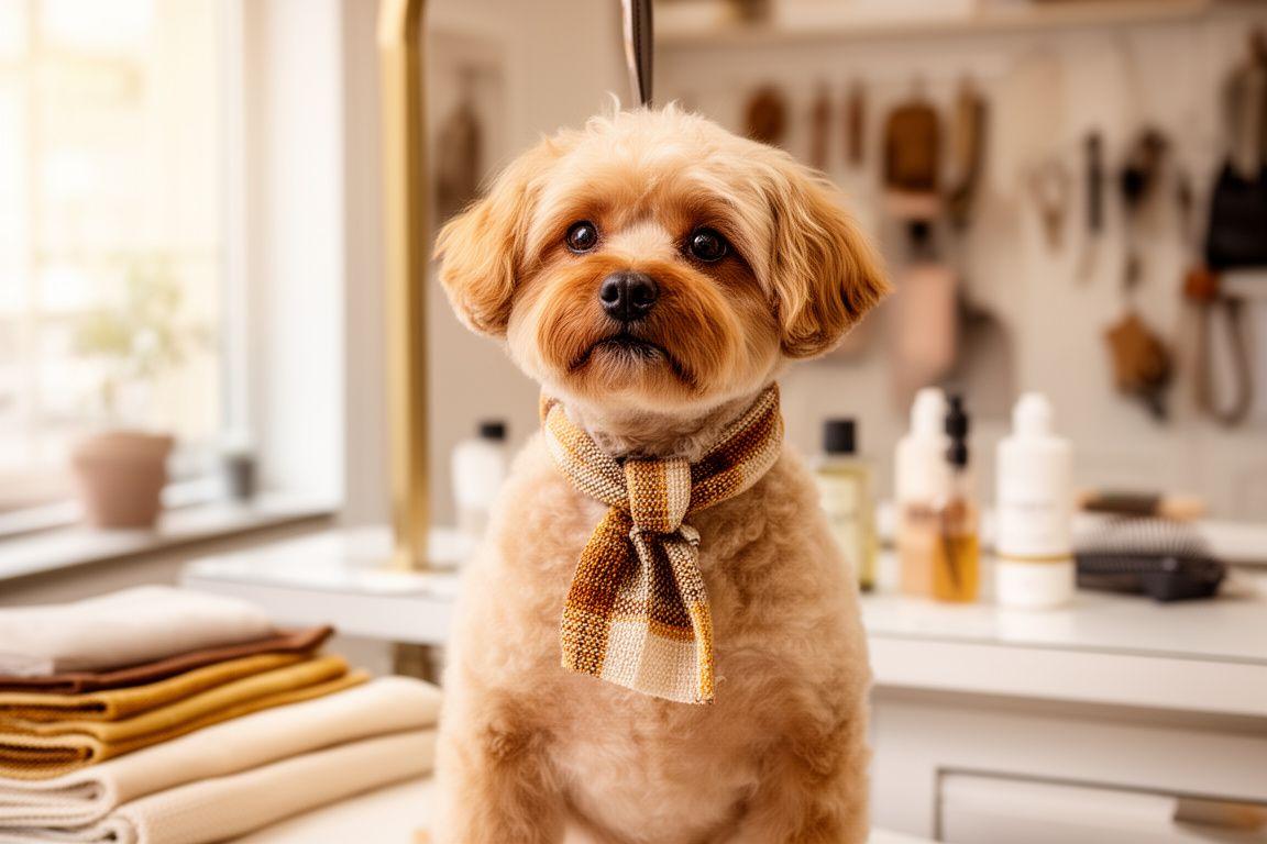 Well-groomed dog wearing a luxe textile accessory in a warm boutique setting