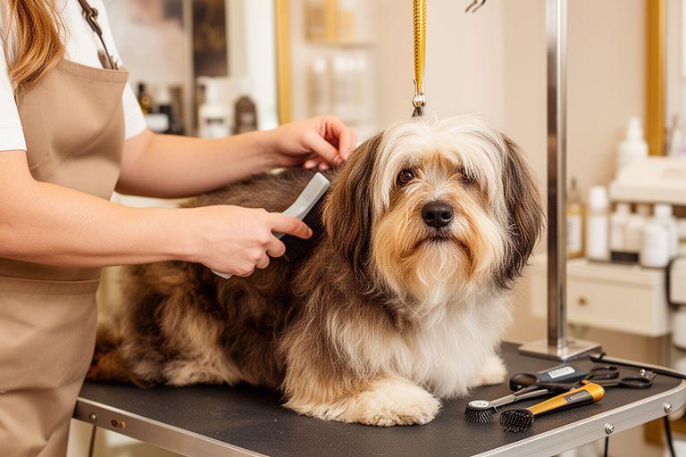 Dog being brushed by a professional groomer during a calm grooming session