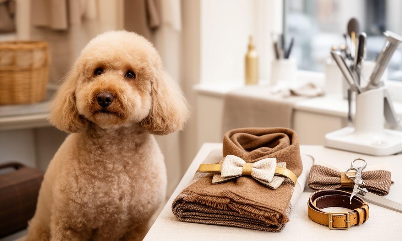 Perro bien arreglado junto a accesorios textiles elegantes en un ambiente boutique de grooming