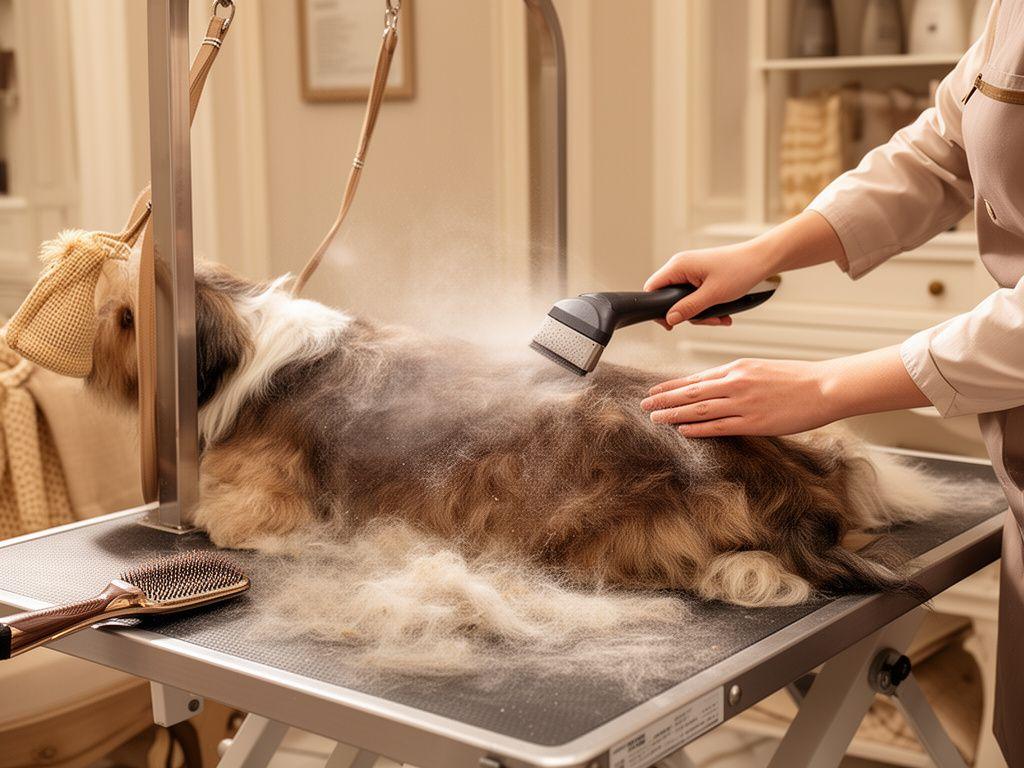 Professional groomer performing de-shedding care on a double-coated dog in a warm boutique salon