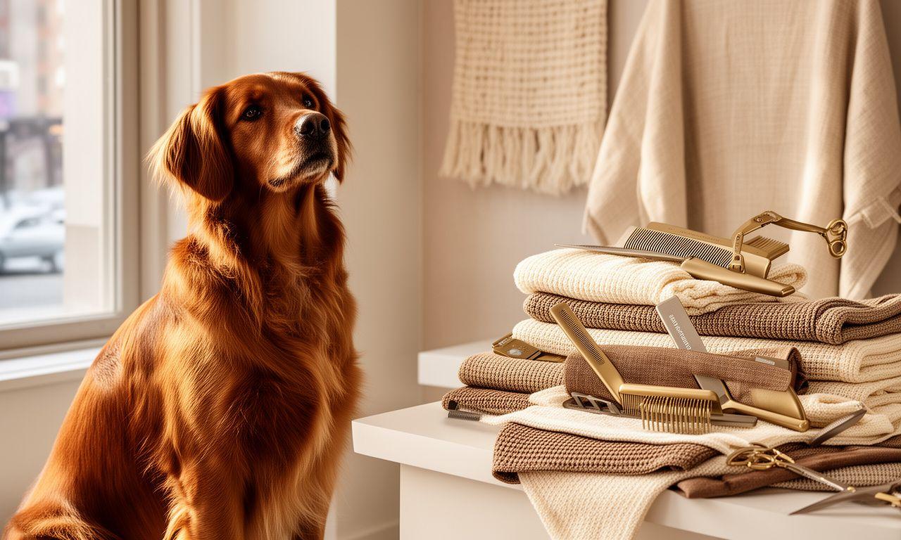 Well-groomed dog with a healthy coat beside neatly folded textile grooming accessories