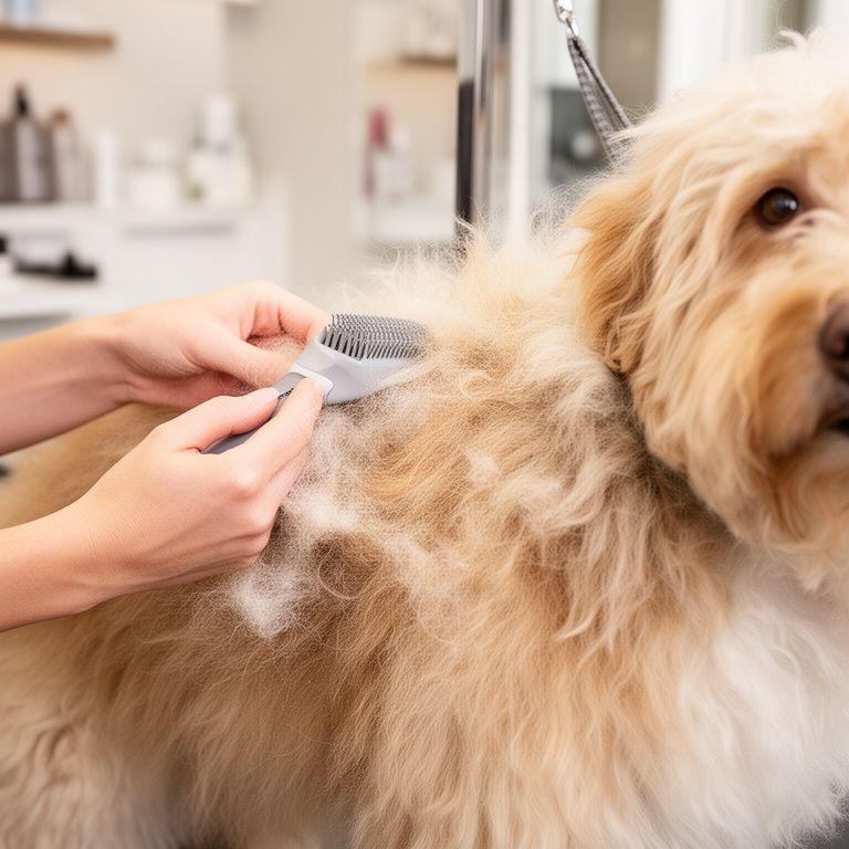 Close-up of a groomer removing loose undercoat from a fluffy dog