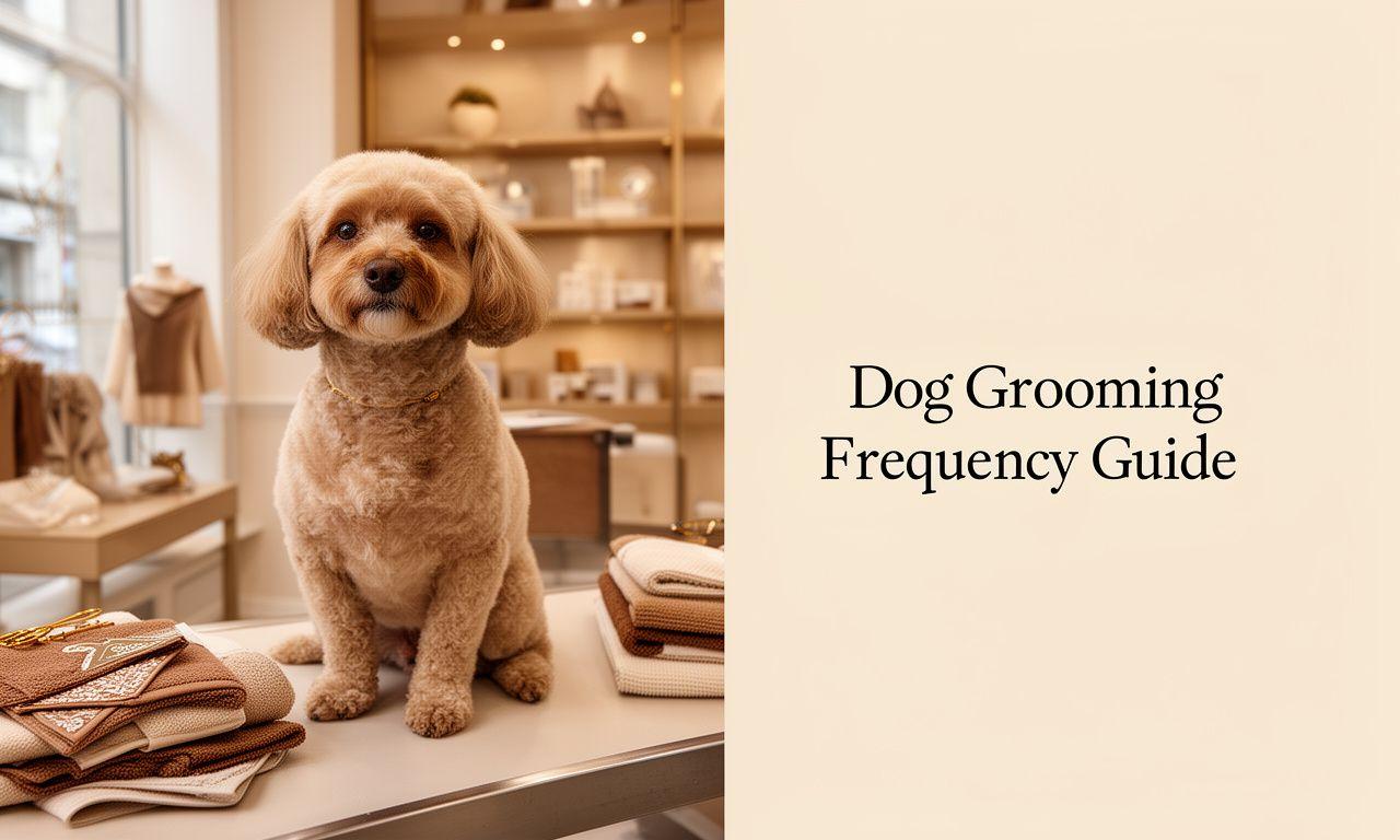 A freshly groomed dog beside folded textile accessories in a warm boutique grooming salon
