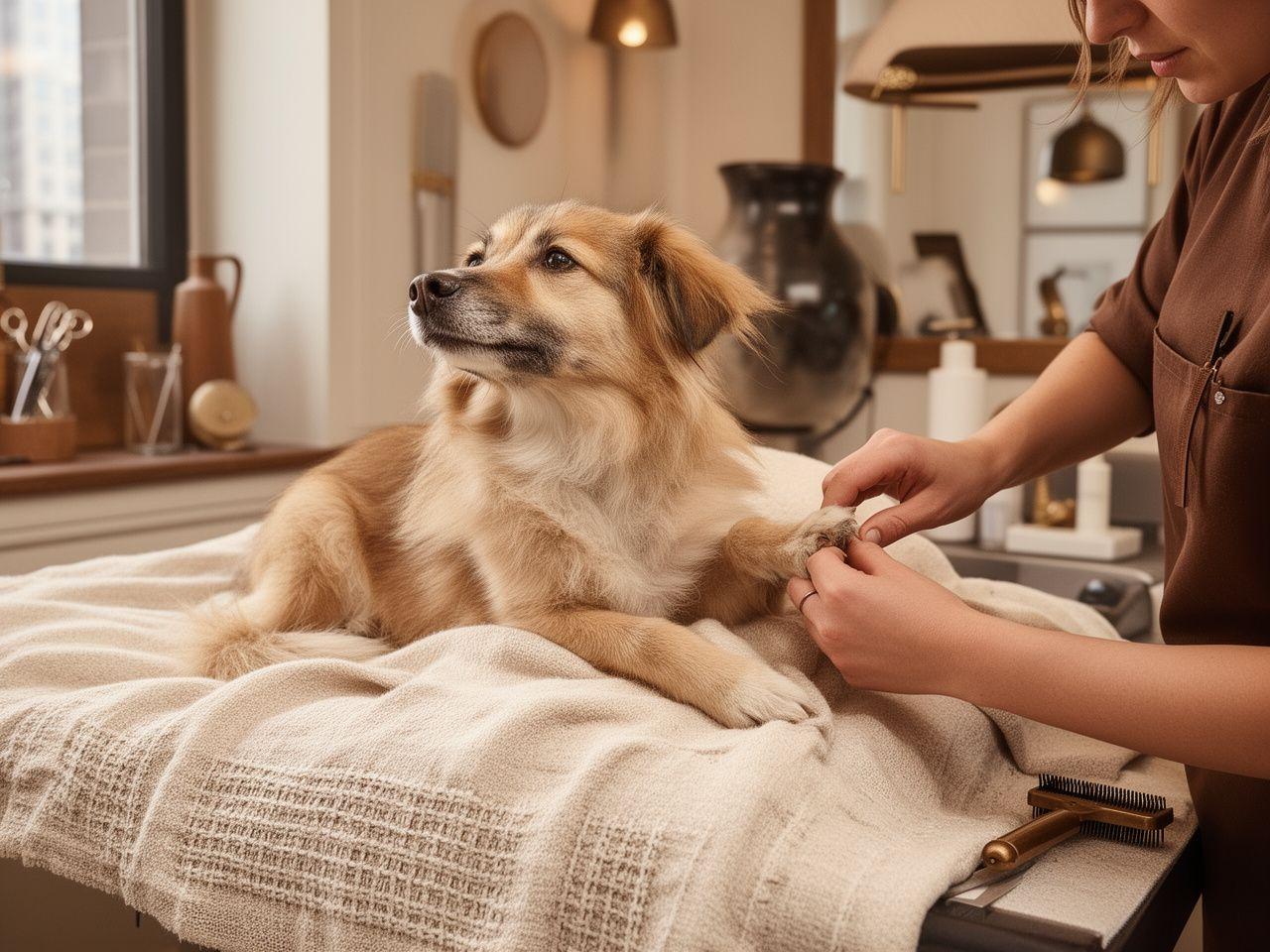 A calm groomed dog resting on a textured blanket while a groomer gently checks the nails