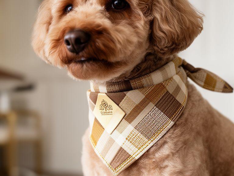 Textile-inspired dog bandana styled on a groomed dog in the boutique