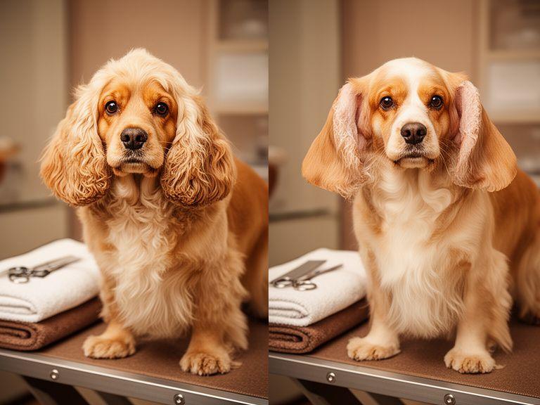 Cocker spaniel before and after ear cleaning and full groom