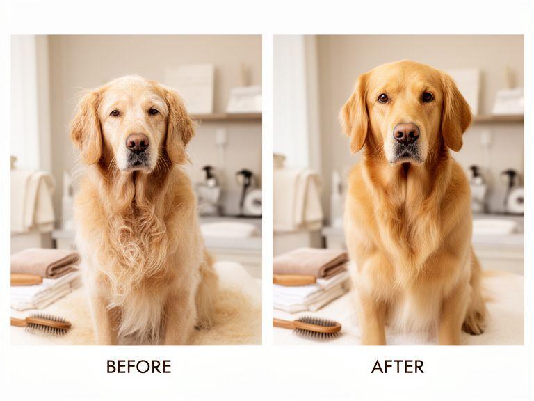 Golden retriever before and after de-shedding treatment and bath