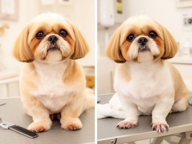 Shih Tzu before and after summer haircut and nail trim