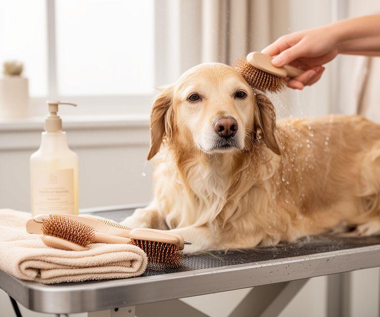 Perro recibiendo baño y cepillado suave en una estación de grooming luminosa