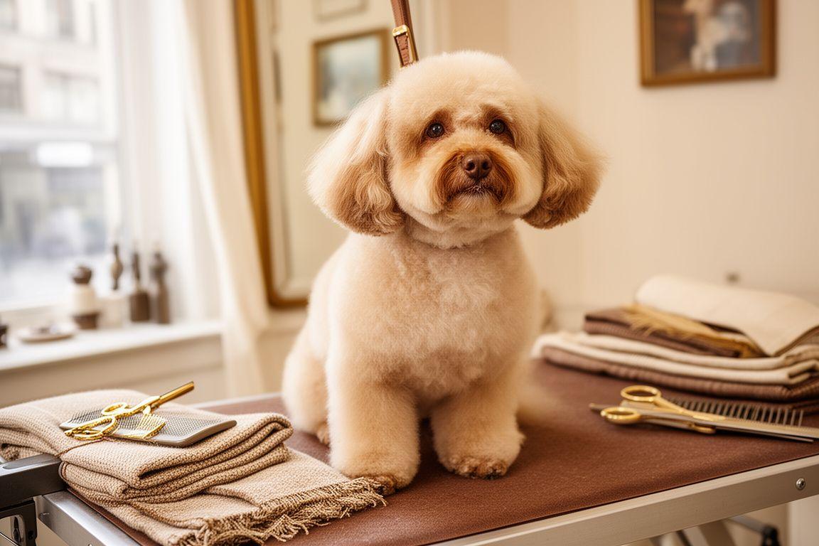 Perro recién arreglado con acabado esponjoso y elegante en Thread & Paw Grooming