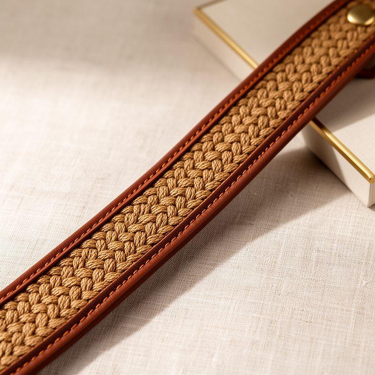 Handcrafted woven leash with leather trim displayed on linen