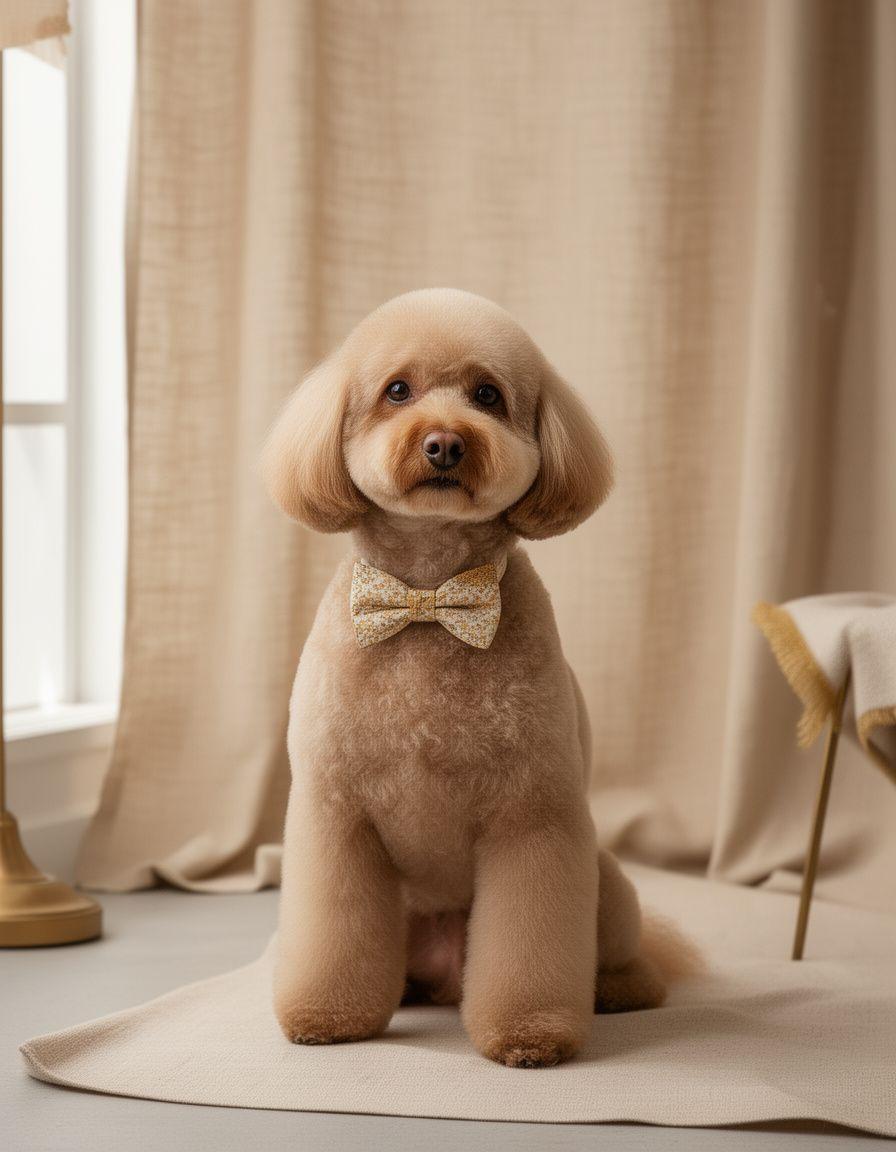 Elegantly groomed dog posing on a textured boutique backdrop