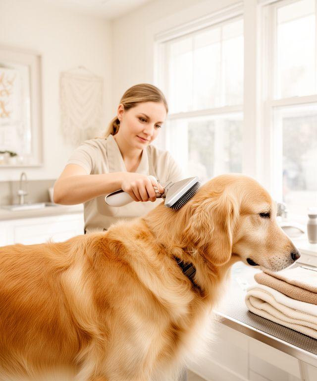 Darius, a de-shedding specialist gently brushing a golden retriever in a bright grooming station