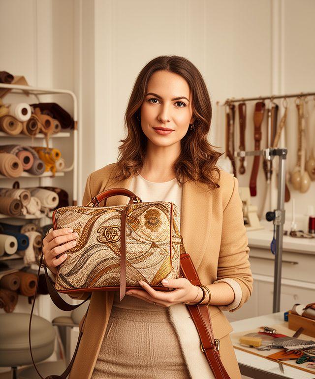 Elena, a groomer with a background in textile design, holding a luxury pet accessory in the salon