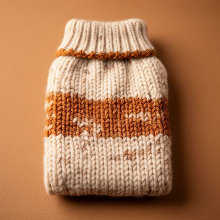 Hand-knit dog sweater folded neatly in a boutique display with warm yarn textures