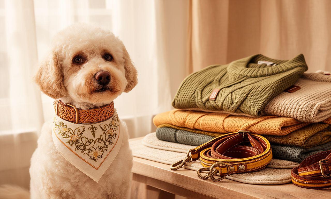 Elegantly styled dog wearing a woven collar and embroidered bandana beside folded textile accessories in warm boutique lighting