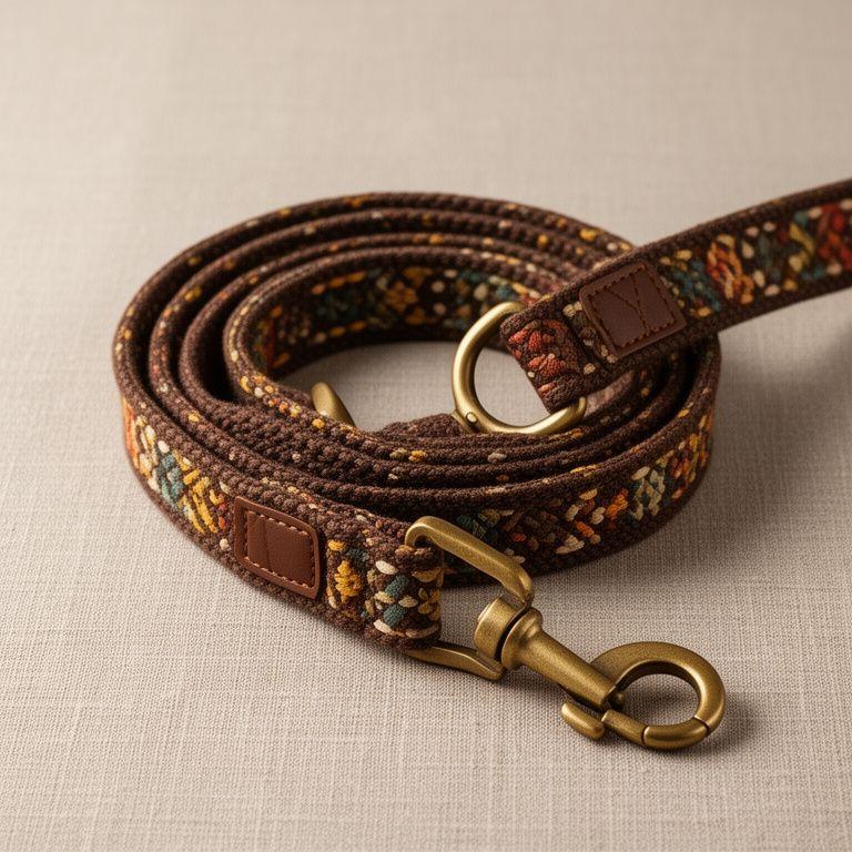 Woven cotton dog leash in a seasonal pattern displayed on a linen surface